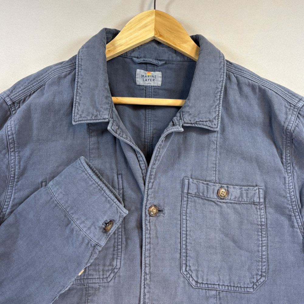 Marine Layer Chore Coat Mens Large Blue 100% Cotton Knit Utility Workwear Jacket